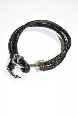 Bracelet cuir homme ancre marine Noir Argent
