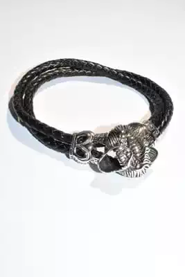 Bracelet cuir homme loup Noir Argent