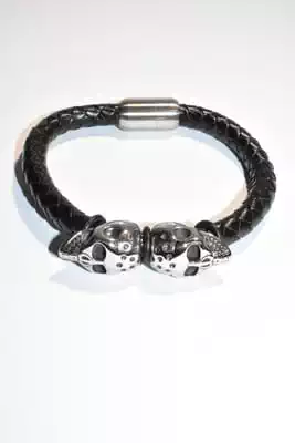 Bracelet cuir homme tête de mort Noir Argent