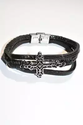 Bracelet cuir homme croix Noir Argent