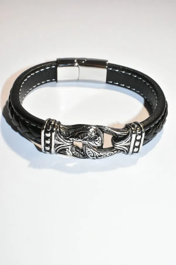 Bracelet cuir homme Noir Argent