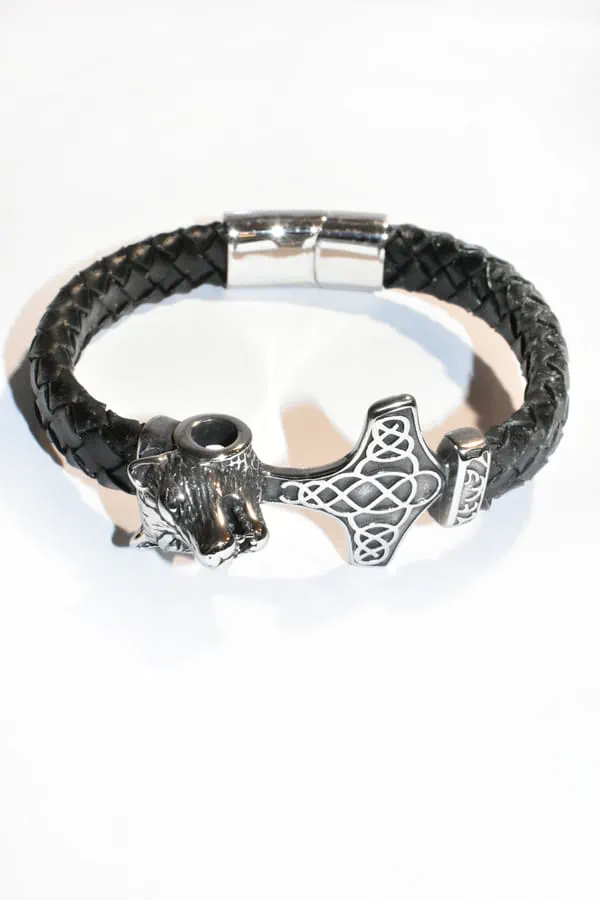 Bracelet cuir homme loup Noir Argent