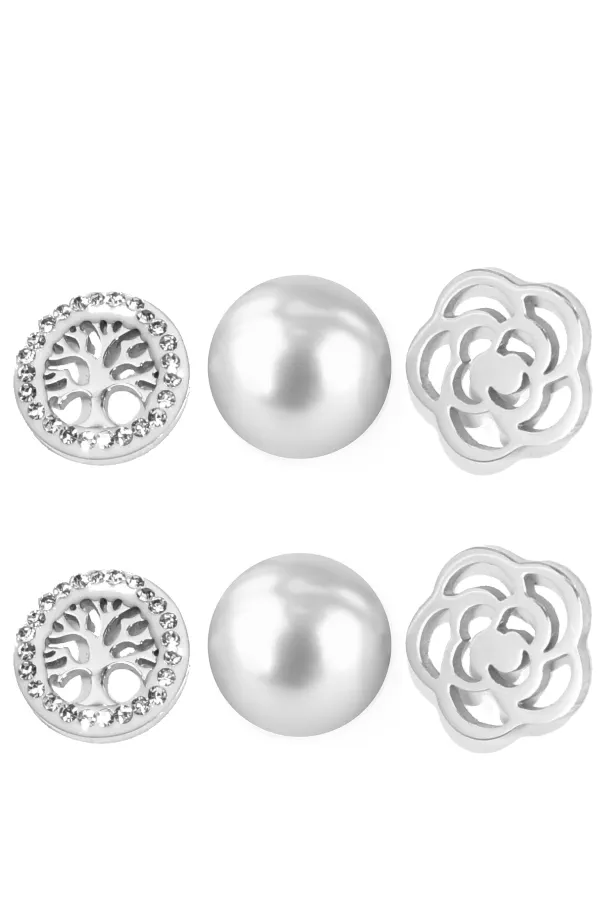 Boucle-d-oreille 3 paires arbre de vie perle fleur Argent