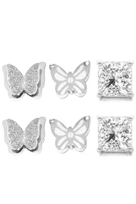 Boucle-d-oreille 3 paires papillon Argent