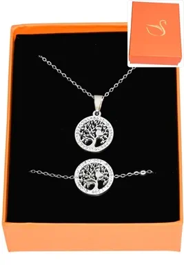 Coffret parure bijoux cadeaux orange arbre de la vie Argent