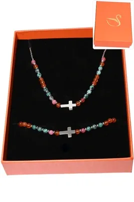 Coffret coffret parure bijoux pierre minérale croix Argent FCF3DF